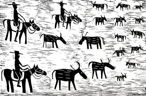 Black and white lino cut print by Jill Daniels of people on horseback mustering cattle