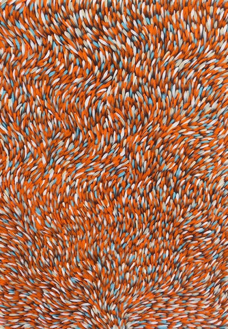 A painting by Gloria Petyarre featuring a pattern of Bush Medicine Leaves in orange, light blue and white on a primed linen canvas.