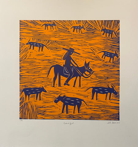 An orange and blue lino cut print by Jill Daniels of a cowgirl on horseback mustering cattle.