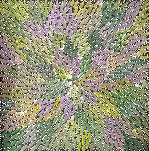 A colorful painting by Bernadine Johnson Kemarre, representing traditional bush medicine plants in green, purple, and yellow colors.