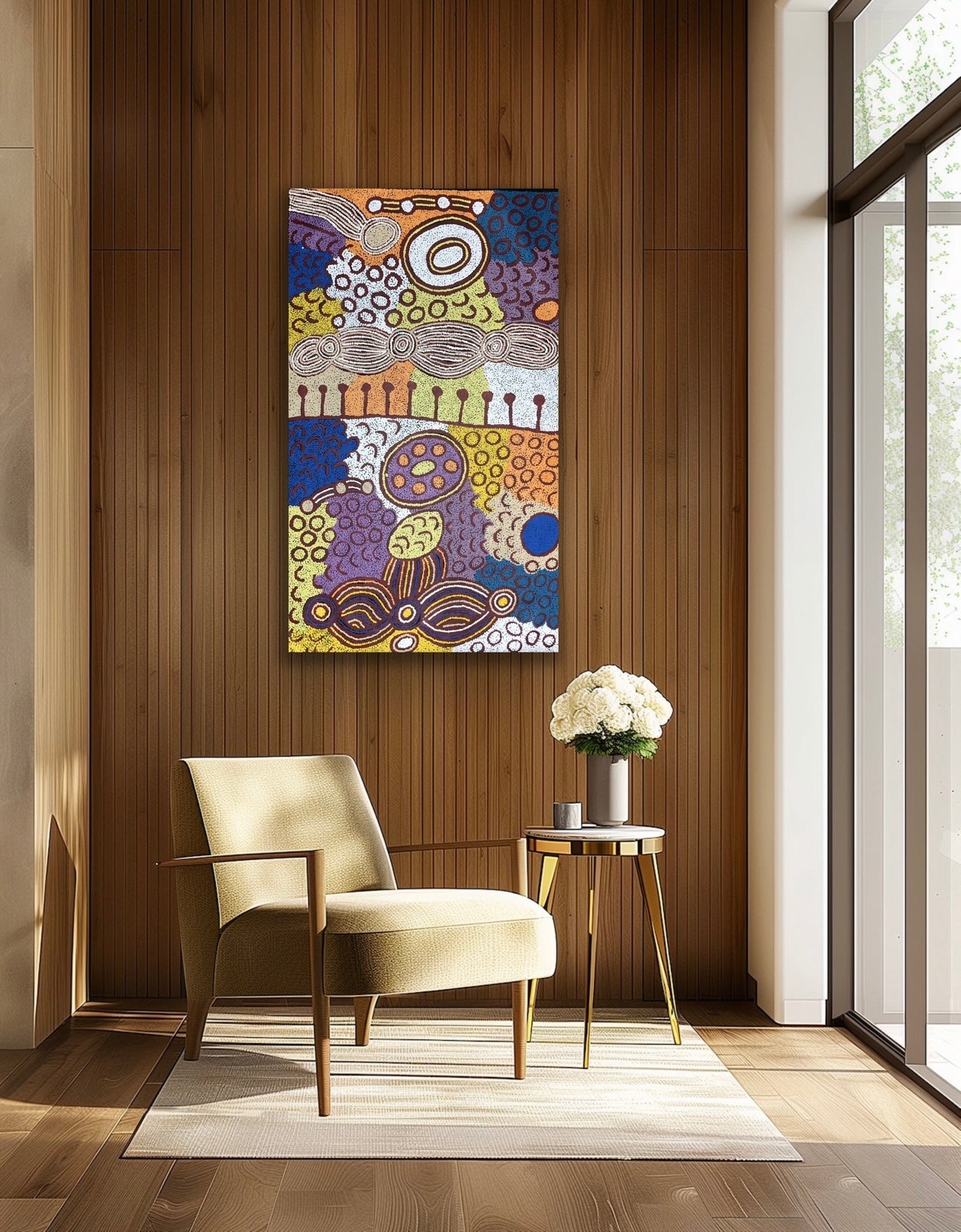 A colourful painting by Marlene Young Nungarrayi on a wooden wall above a beige chair and small table with flowers, 150x90cm.