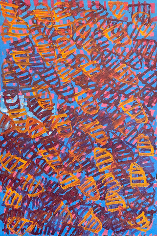 A vibrant 90x60cm painting by Emily Pwerle featuring abstract geometric patterns in orange and yellow on a blue background, executed in acrylic on linen.