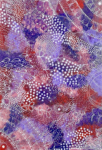 An Ahakeye (Bush Plum) painting by Tanya Bird Mpetyane with dots and lines in white on a red, blue, and purple background.