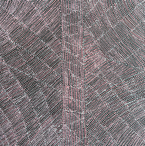 A 30x30cm painting by Lizzie Moss Pwerle with a geometric pattern featuring pink and white dots on a black background.