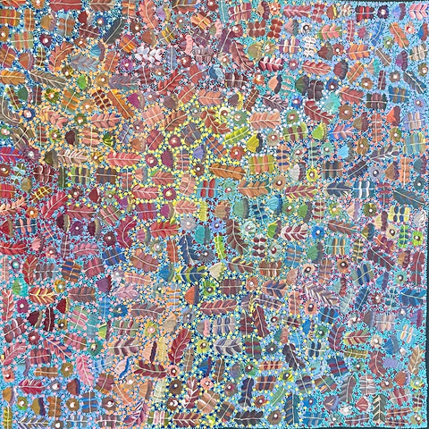 A painting by Aboriginal artist Joycie Morton Petyarre representing bush medicine plants found in central australia.