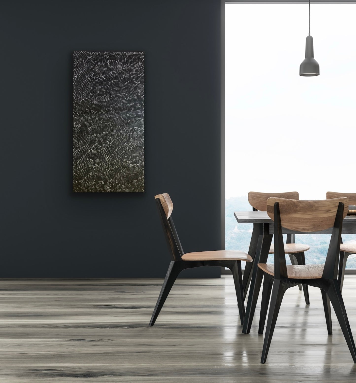A 120x60cm painting by Lily Kelly Napangardi, featuring intricate white dots on a black canvas, representing the desert sandhills or tali.