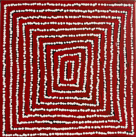 A 30x30cm painting by Thomas Tjapaltjarri showing concentric lines with white dots on a red and black background