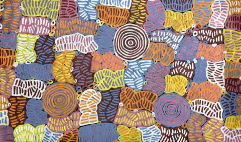 A colourful awelye painting by Betty Club Mbitjana featuring various geometric shapes and patterns.