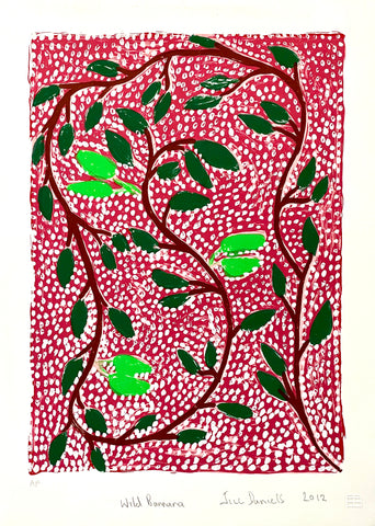 A screen print by Jill Daniels 'Wild Banana', the artwork depicts fruit, leaves and branches on a red and white patterned background