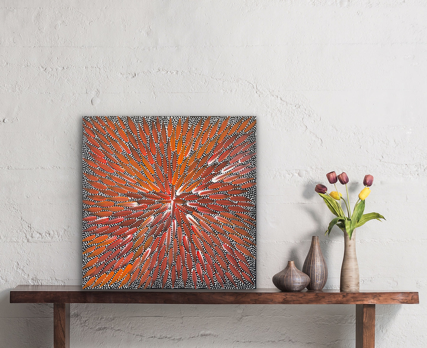 Bernadine Johnston Kemarre 'Bush Medicine Leaves' painting, 30x30cm lifestyle photo