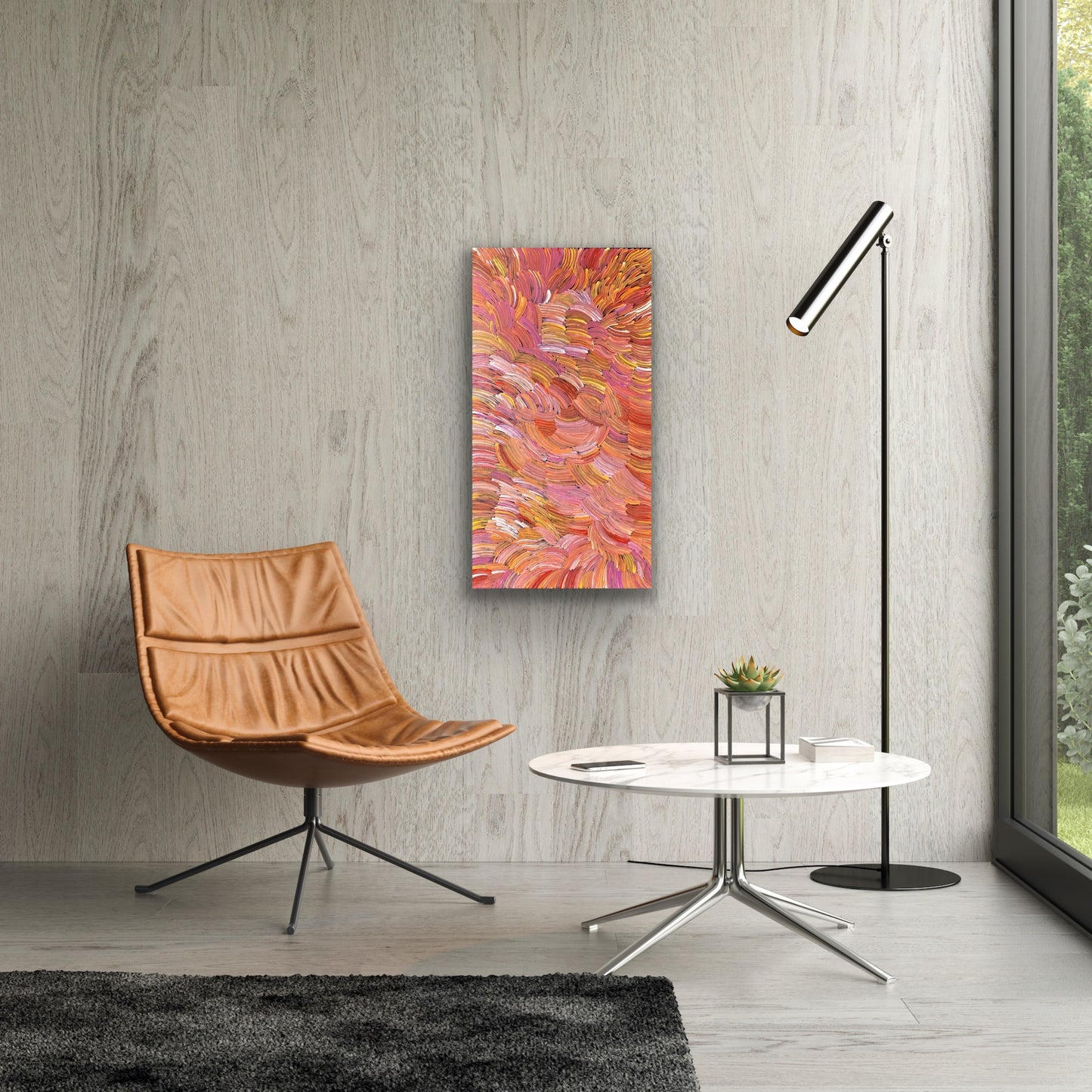 A pencil yam painting by Jedda Purvis Kngwarreye featuring swirling patterns in pink, red, yellow and orange hues.