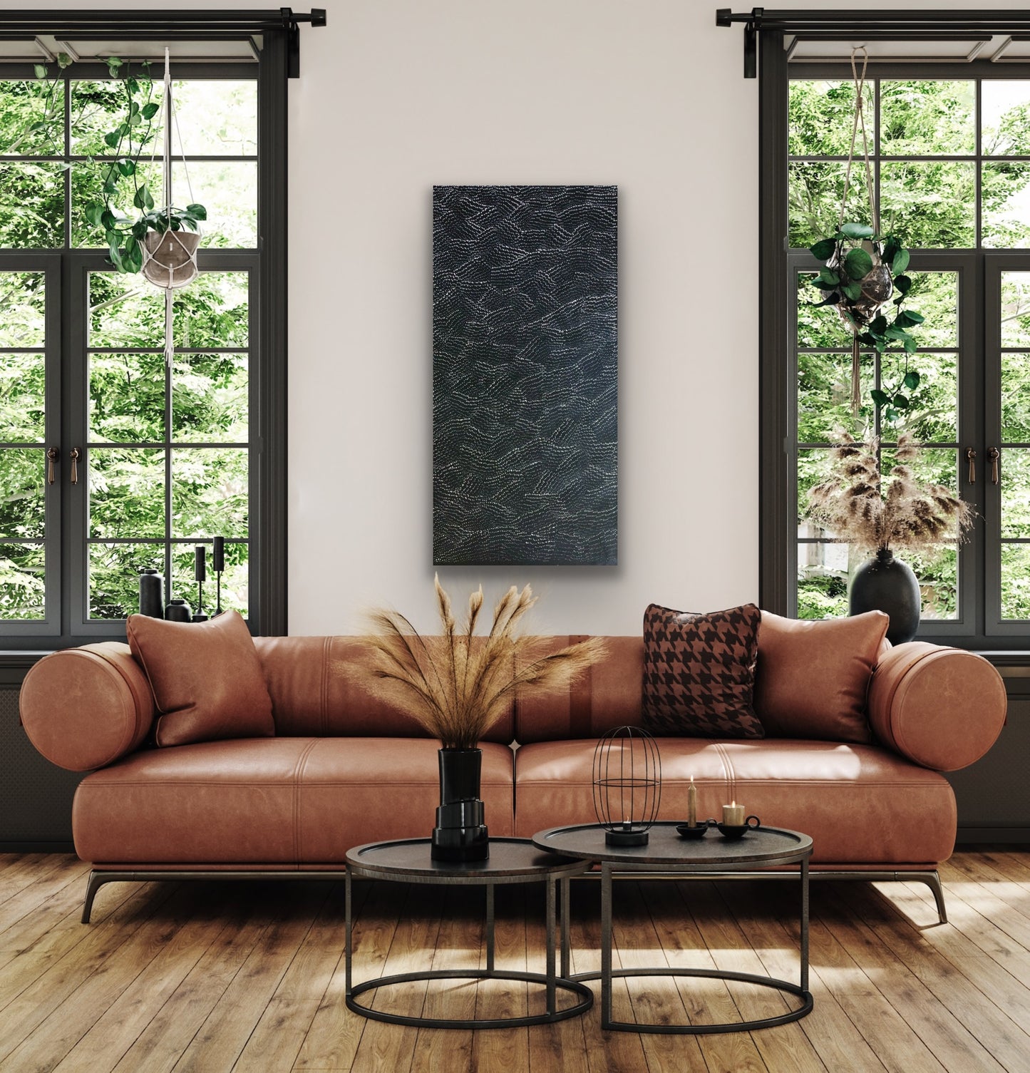 A painting by Lily Kelly Napangardi, featuring intricate white dots on a black canvas, representing the desert sandhills or tali.