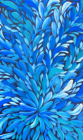 A vibrant painting by Louise Numina Napananka on canvas depicting a pattern of blue bush medicine leaves.