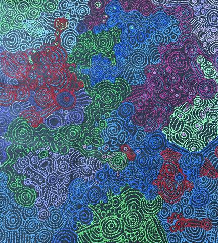 A colorful abstract acrylic painting on primed canvas by Meredith Curley, featuring swirling patterns and vibrant colors.