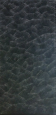 A painting by Lily Kelly Napangardi, featuring intricate white dots on a black canvas, representing the desert sandhills or tali.