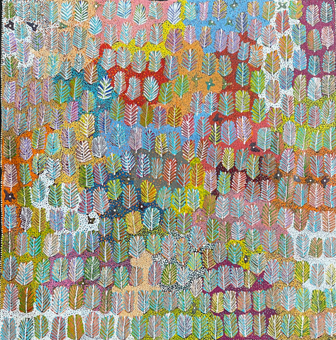 A colourful painting by Betty Morton featuring a pattern of leaf-like shapes in a variety of colours.