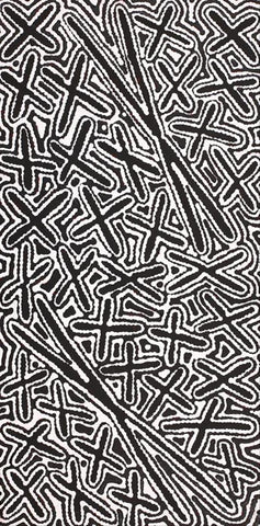 A black and white Kenneth Jungarrayi Martin 'Budgerigar Dreaming' painting depicting abstract patterns.
