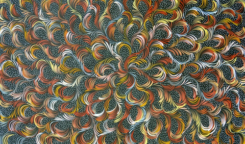 A canvas painting by Selina Numina featuring a geometric pattern with swirling lines in a variety of colors.