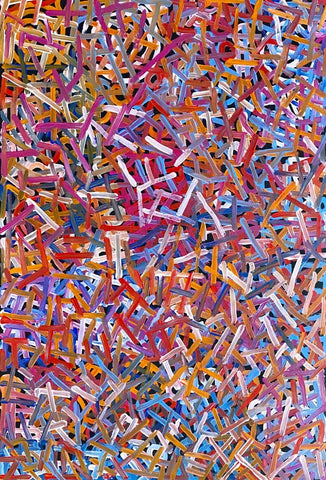 A vibrant multicoloured painting by Betty Club Mbitjana. 90x60cm