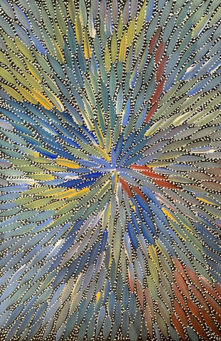 A colourful painting with a radiant pattern in shades of blue, green, yellow, and red, representing Bush Medicine Leaves created by Bernadine Johnson Kemarre.