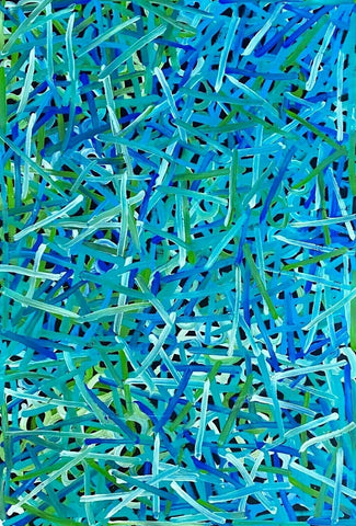 A My Mother's Dreaming painting by Betty Club Mbitjana with predominantly blue and green hues.