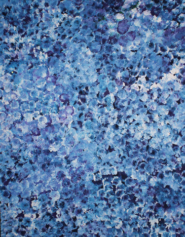 A canvas painting featuring an abstract pattern of blue tones, representing the 'Bush Plum Dreaming' artwork by Polly Ngale.