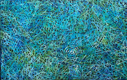 An awelye painting by Betty Club Mbitjana in blue, green, aqua and white colours.