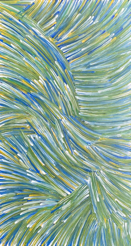A painting by Jedda Purvis Kngwarreye featuring vibrant green, blue and yellow lines in flowing, traditional patterns.