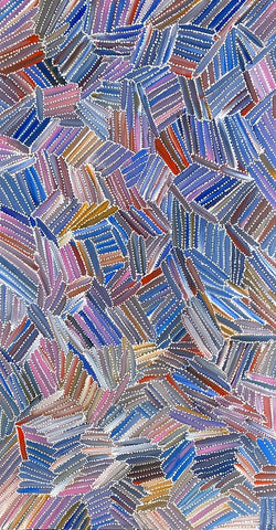 A pencil yam painting by Jedda Purvis Kngwarreye representing the Dreaming 'Kame', an important plant in Utopia.