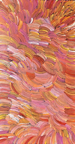 A pencil yam painting by Jedda Purvis Kngwarreye featuring swirling patterns in pink, red, yellow and orange hues.
