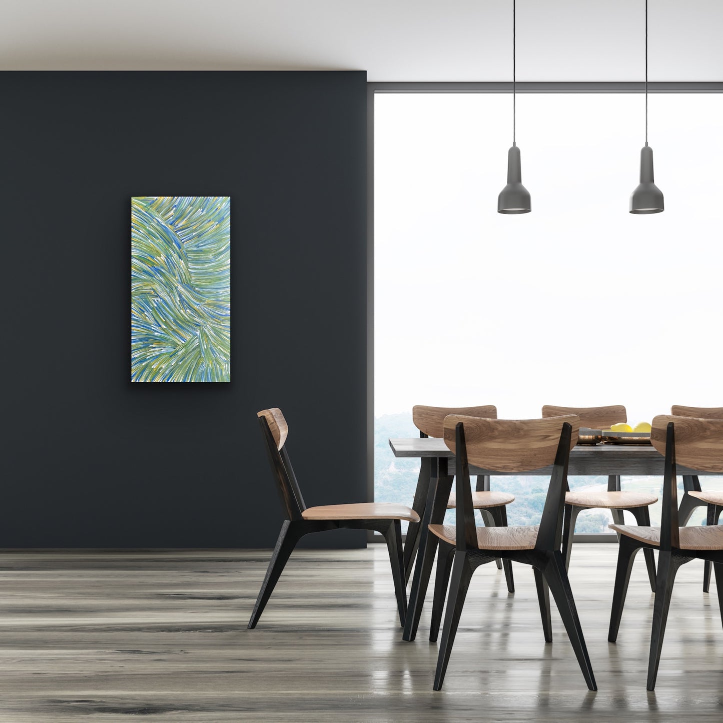A pencil yam painting by Jedda Purvis Kngwarreye showing vibrant green, blue and yellow lines in flowing, traditional patterns.
