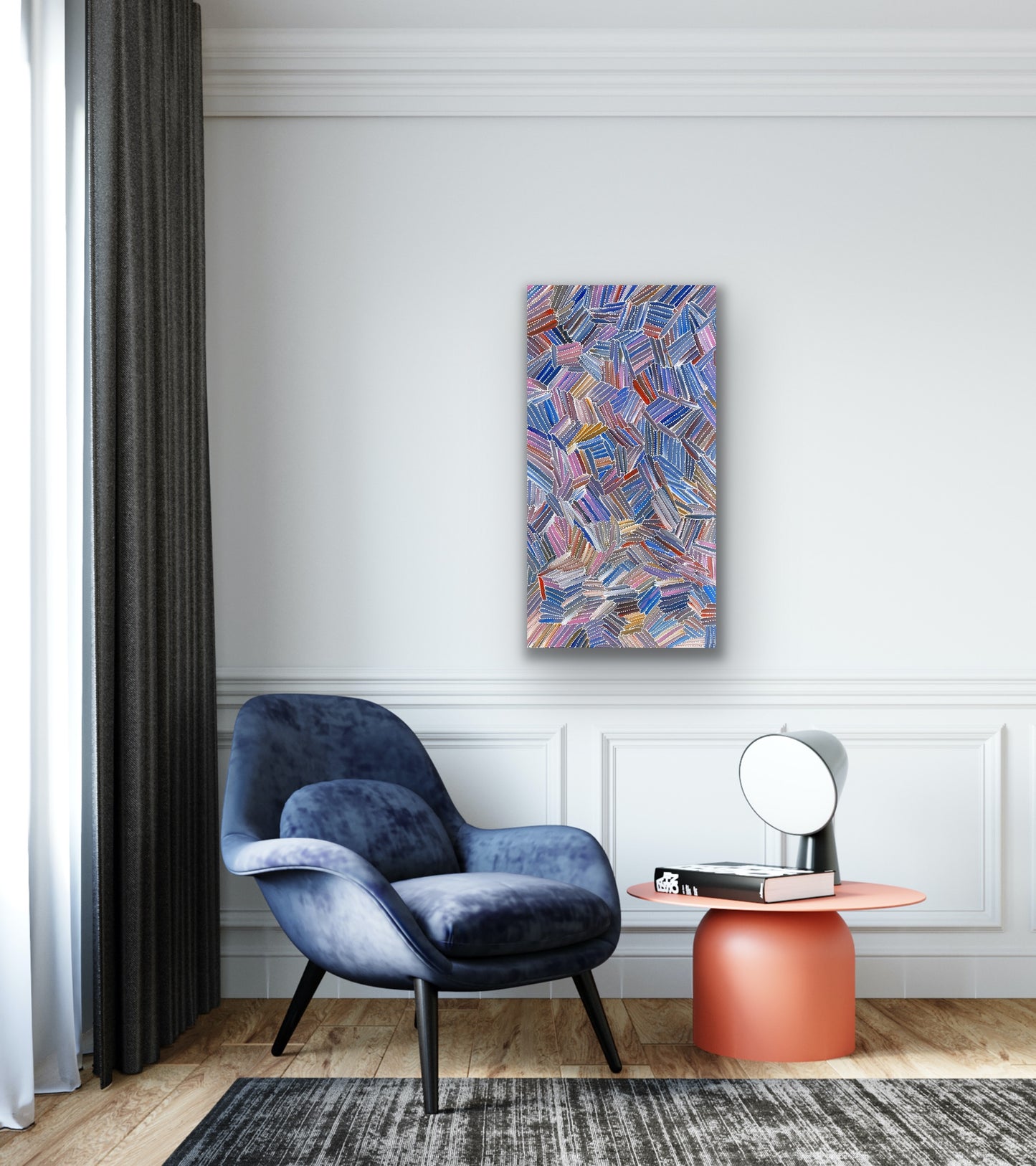 A pencil yam painting by Jedda Purvis Kngwarreye representing the Dreaming 'Kame', an important plant in Utopia.