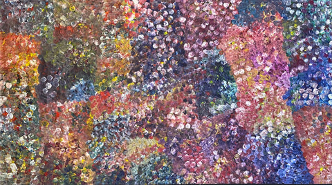 A 110x200cm painting representing the 'Bush Plum Dreaming' artwork by Polly Ngale.