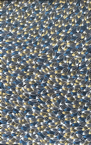 A close-up of an acrylic painting on canvas by Abie Loy Kemarre depicting the leaf of the Antywerleny - a type of wattle, in a patterned style with predominantly blue and yellow colors.