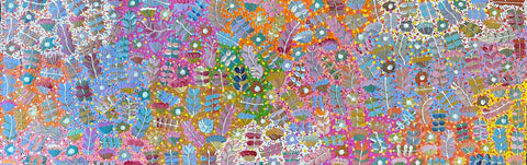 A vibrant, multicolored acrylic painting featuring a variety of characters and patterns, representative of Joycie Morton Petyarre's Bush Medicine art style.