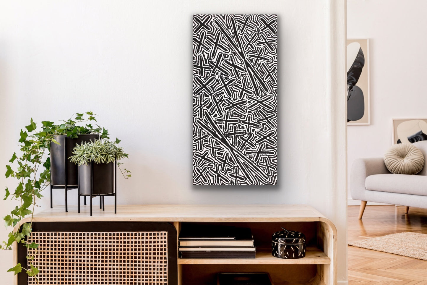 Kenneth Jungarrayi Martin 'Budgerigar Dreaming' painting in modern apartment decor