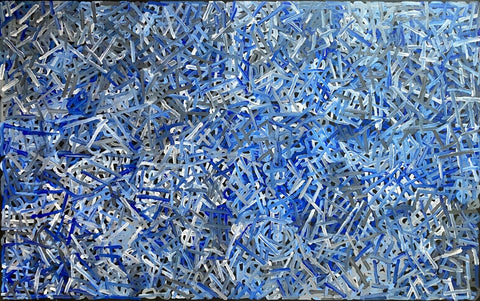 A 155x95cm painting by Betty Club Mbitjana in blue, light blue, grey, and white.