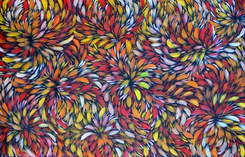 A colorful painting by Selina Numina showing bush medicine leaves in floral-like motifs.