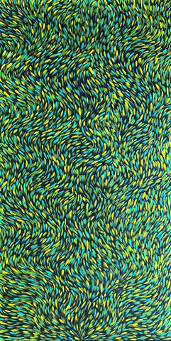 A painting by Gloria Petyarre featuring bush medicine leaves in green, aqua and yellow and on a black primed linen canvas.