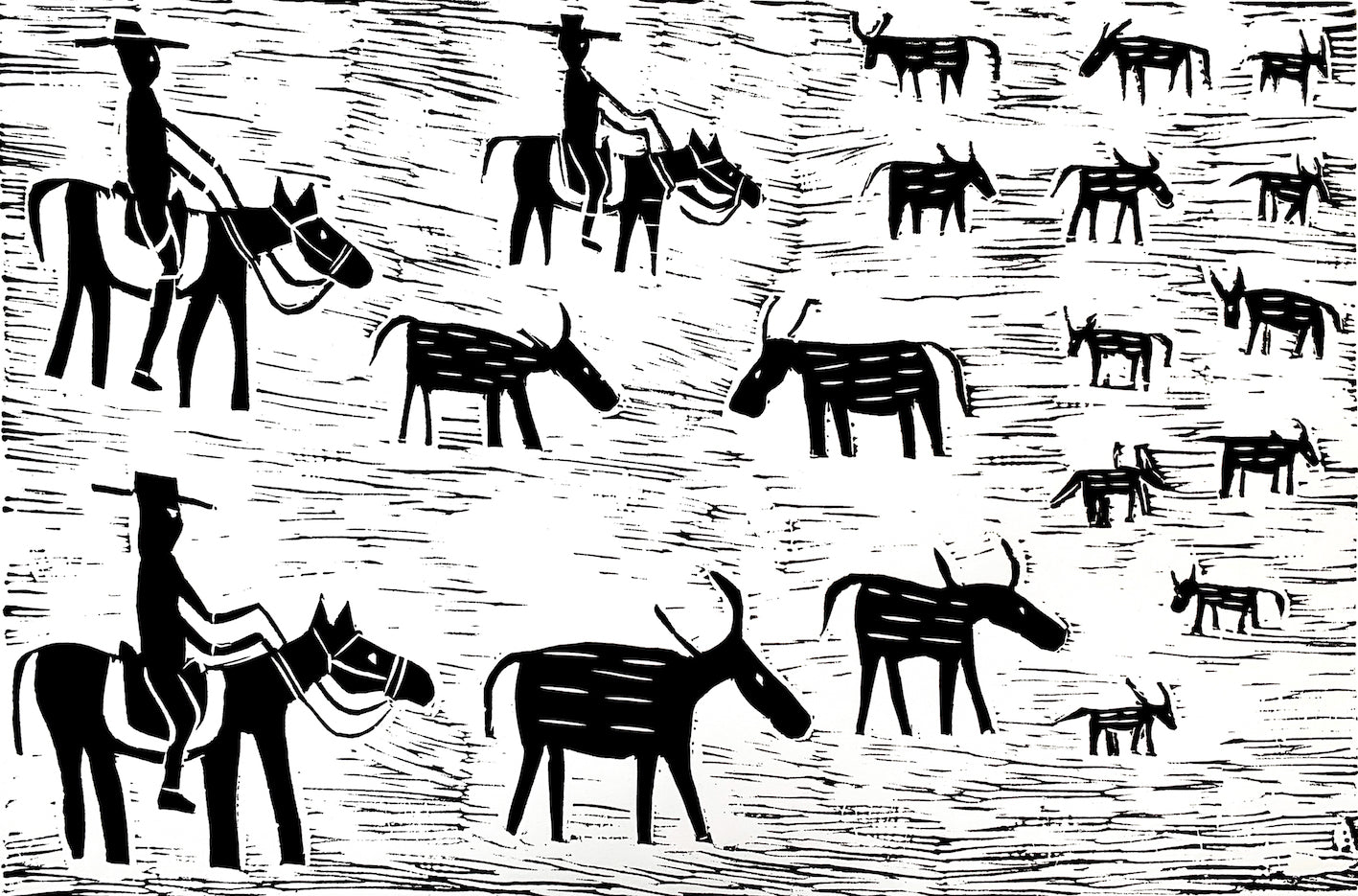 Black and white lino cut print by Jill Daniels of people on horseback mustering cattle