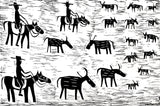 Black and white lino cut print by Jill Daniels of people on horseback mustering cattle