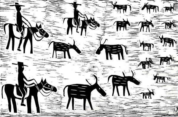 Black and white lino cut print by Jill Daniels of people on horseback mustering cattle