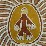Linda Syddick Napaltjarri 'Kangaroo Man' painting with a figure in a circle with concentric patterns. 35x35cm