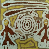 Linda Syddick Napaltjarri 'Kangaroo Man' painting with abstract figures and a central spiral in background. 35x35cm