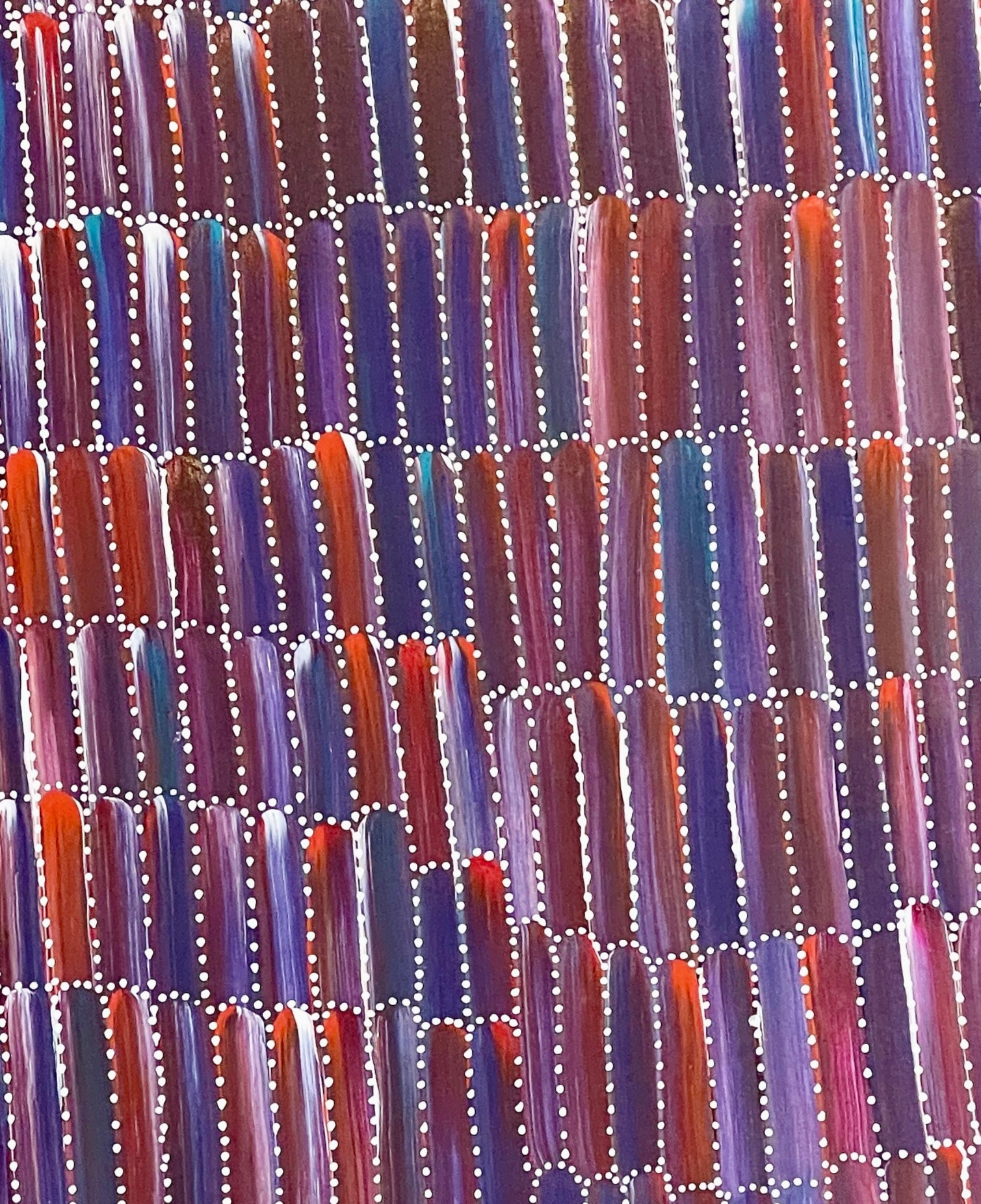 An extreme close-up of a 60x60cm painting by Jeannie Mills Pwerle.