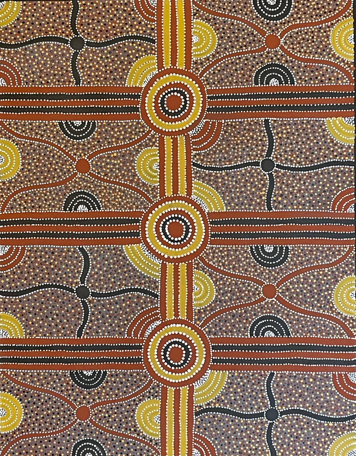 A painting by Kevin Bird Mpetyane depicting mulga seed dreaming.