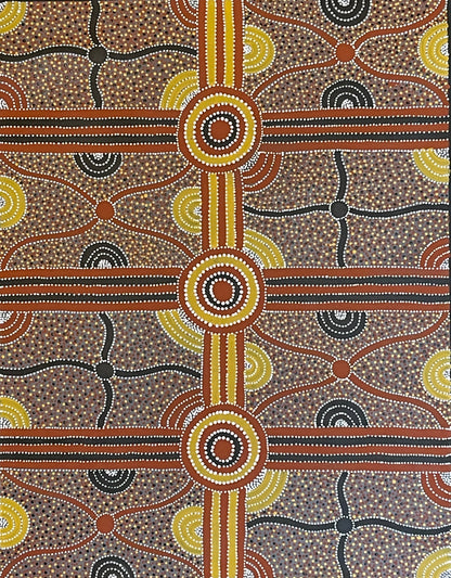 A painting by Kevin Bird Mpetyane depicting mulga seed dreaming.
