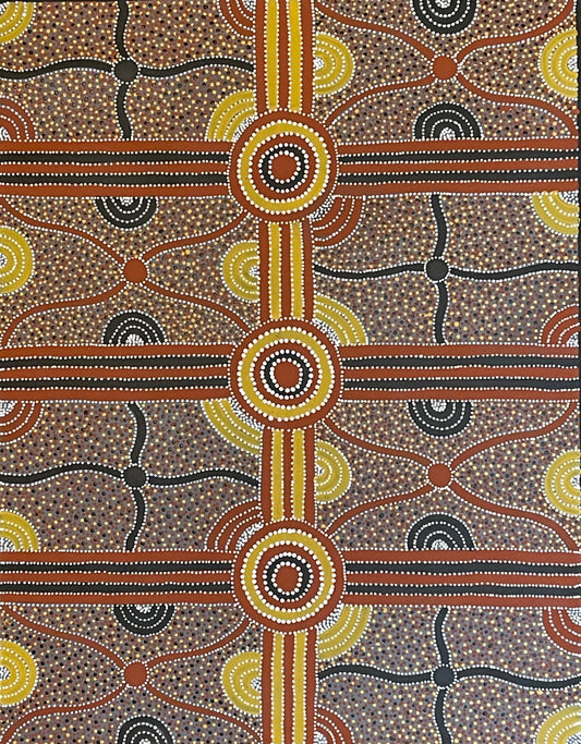 A painting by Kevin Bird Mpetyane depicting mulga seed dreaming.