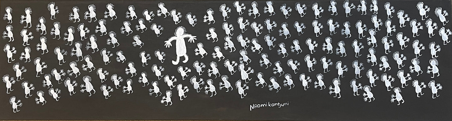 Acrylic painting on primed linen by Naomi Kantjuriny, featuring a dark background with numerous white figures that represent good and bad spirits.