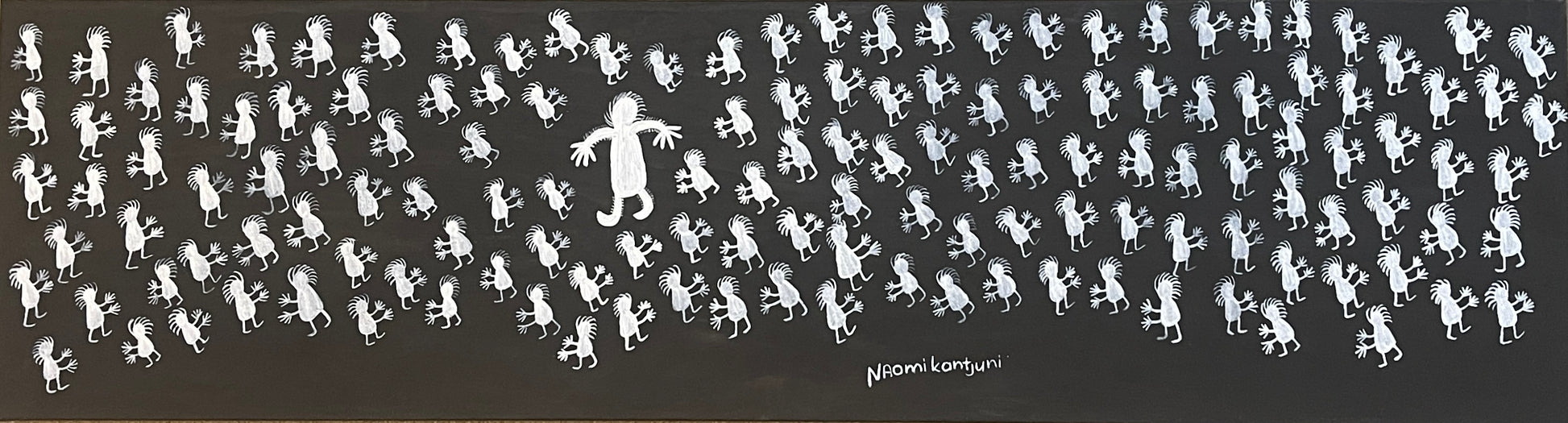Acrylic painting on primed linen by Naomi Kantjuriny, featuring a dark background with numerous white figures that represent good and bad spirits.